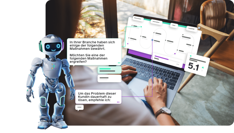Humanoider Roboter schlägt einer Person, die eine Grafik auf einem Laptop betrachtet, Maßnahmen zur Steigerung der Kundenzufriedenheit vor