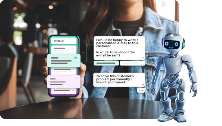 A humanoid robot interacts with a smartphone chat about a customer service request