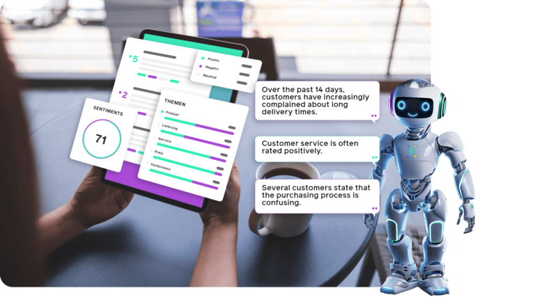 A humanoid robot analyses customer data and feedback for a person who views this data on a tablet