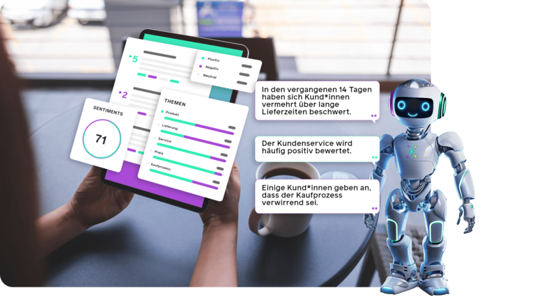 Ein humanoider Roboter analysiert Kundendaten und Feedback für eine Person, die diese Daten auf einem Tablet betrachtet