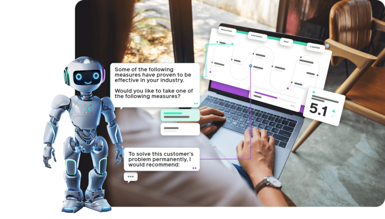 Humanoid robot suggests measures for greater customer satisfaction to a person looking at a graphic on a laptop