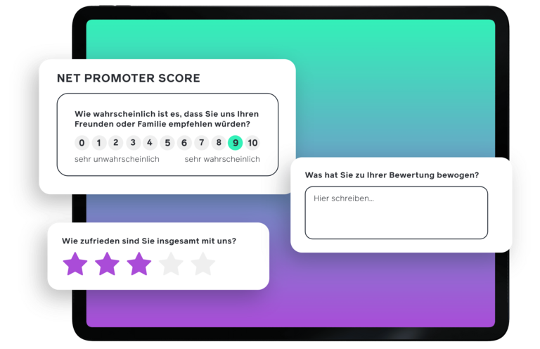 Net Promoter Score (NPS) Umfrage auf Tablet, zeigt Kundenbewertungsskala, Sternebewertung und Freitextfeld für Feedback.