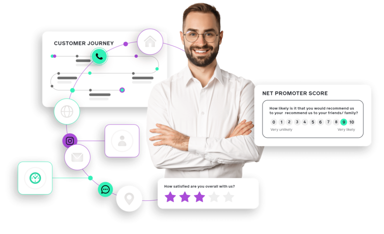 Photomontage of a smiling man with glasses surrounded by graphic elements of the moveXM software platform